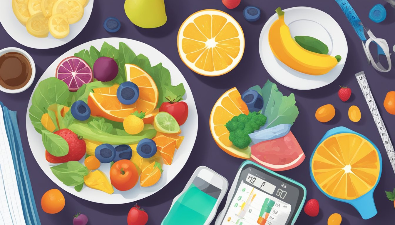 A table set with colorful, nutrient-rich foods and a measuring tape. A pair of running shoes and a glucose monitor sit nearby