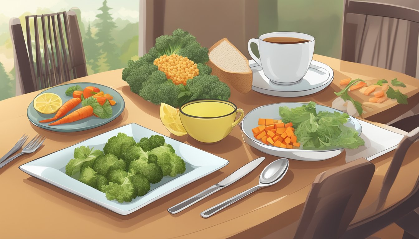 A table set with a balanced diabetic meal, including vegetables, lean protein, and whole grains, with a warm cup of herbal tea, and a cozy bed in the background