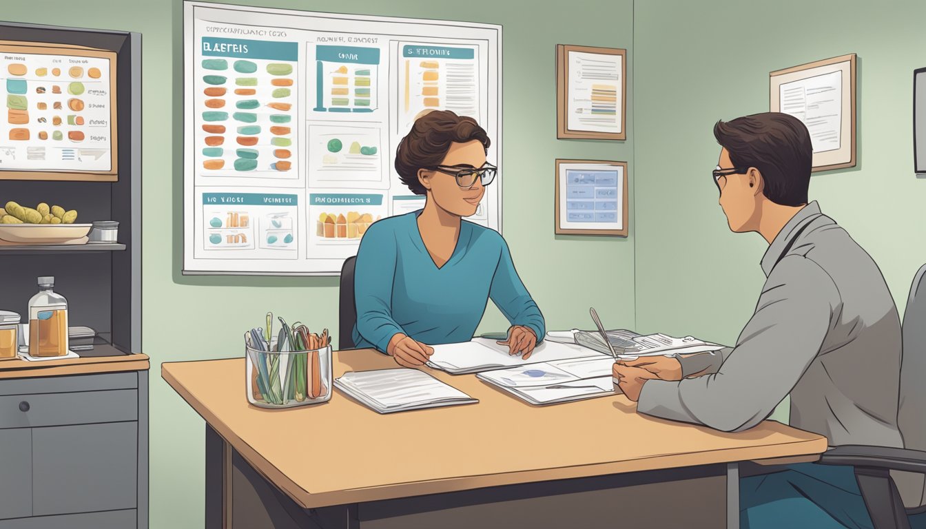 An optometrist sitting at a desk, discussing meal plans with a diabetic patient. A chart showing vision-supporting foods hangs on the wall