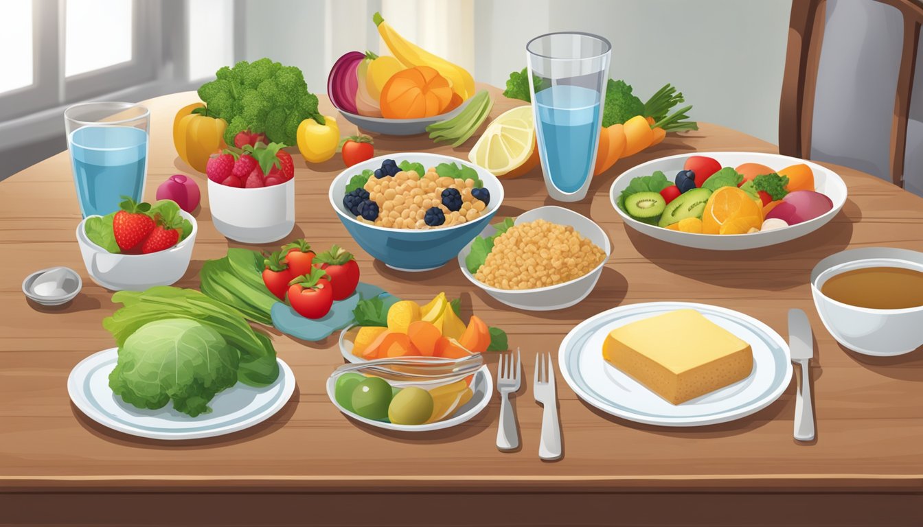 A dining table set with balanced meals, including lean proteins, whole grains, and colorful vegetables, with a glass of water and a plate of fruit for dessert