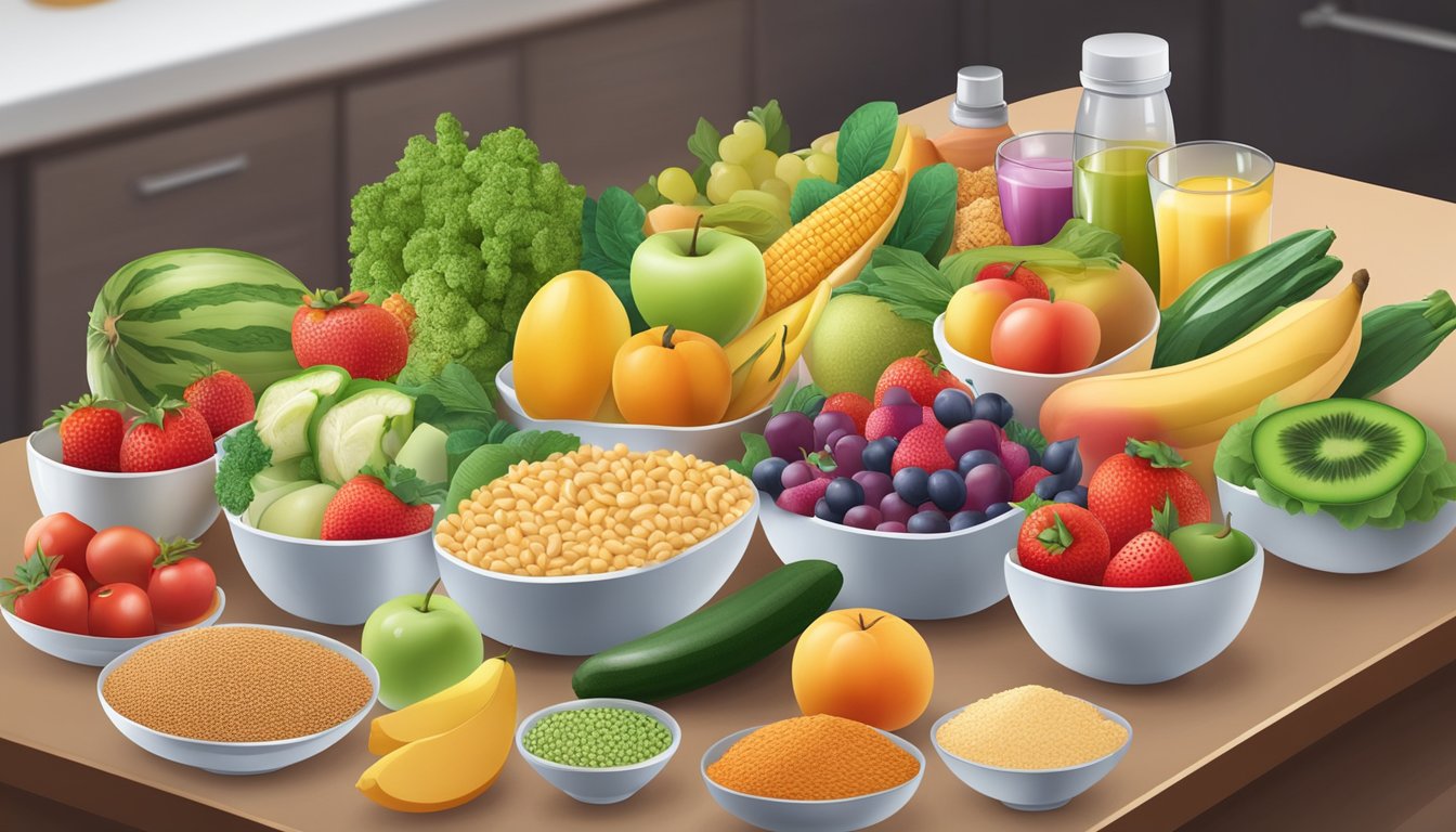 A table with a colorful array of fresh fruits, vegetables, whole grains, and lean proteins, surrounded by dental hygiene products