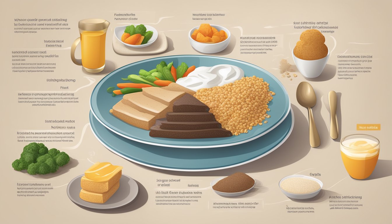 A table set with a balanced meal including lean protein, whole grains, vegetables, and a sugar-free dessert. Nutritional information displayed on the side