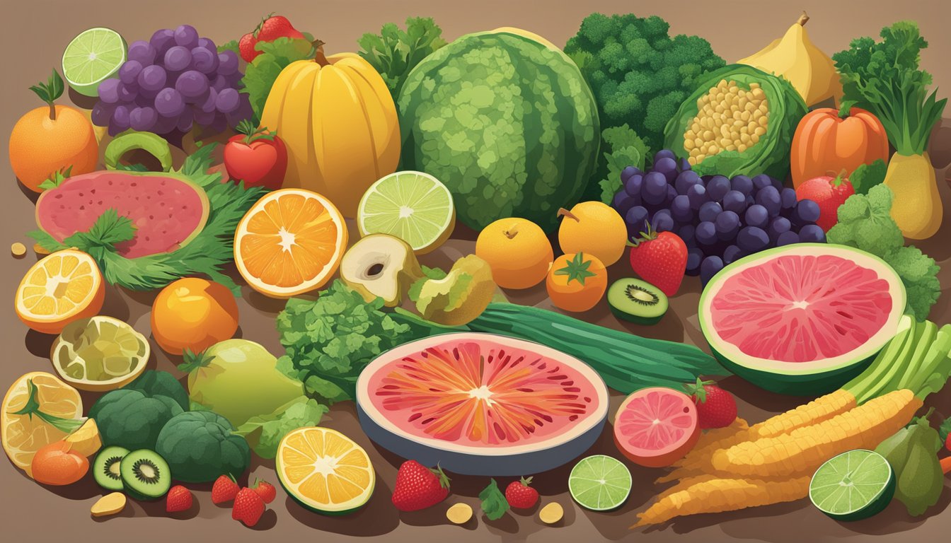 A colorful array of fruits, vegetables, whole grains, and lean proteins arranged on a table, with a focus on vibrant, mood-boosting foods