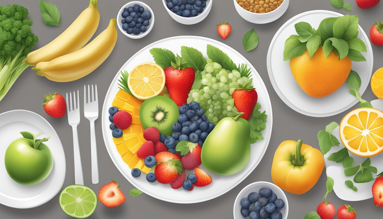 A colorful array of fresh fruits, vegetables, lean proteins, and whole grains arranged on a clean, white plate