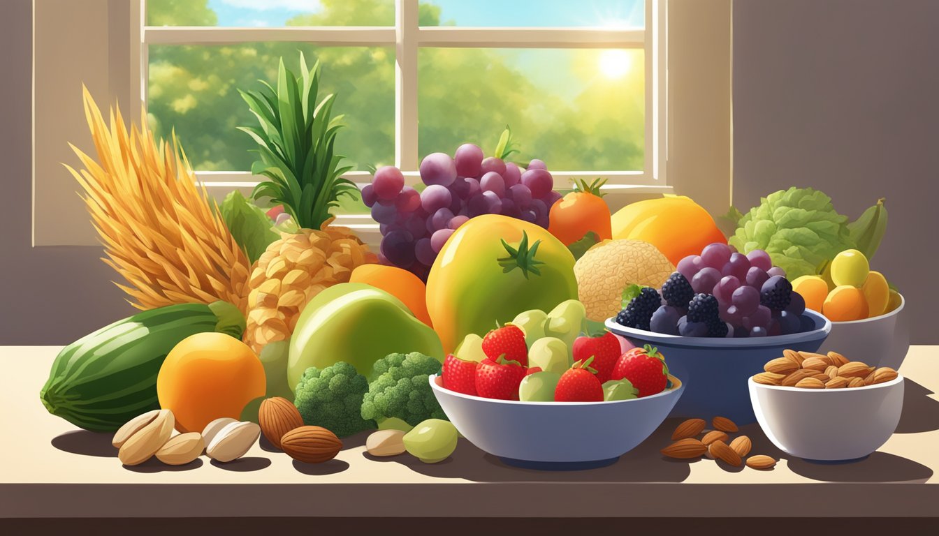 A colorful array of fruits, vegetables, nuts, and whole grains arranged on a table, with sunlight streaming in through a window