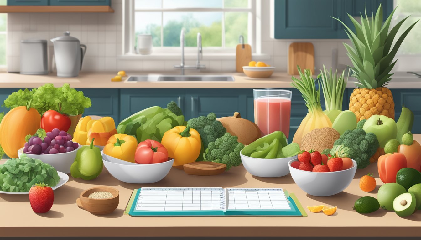 A kitchen counter with a variety of fresh fruits, vegetables, lean proteins, and whole grains. A meal plan calendar and a blood glucose monitor are also present