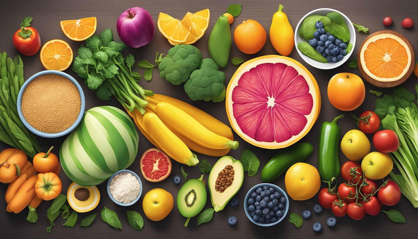 A colorful array of fresh fruits, vegetables, whole grains, and lean proteins arranged on a table, with a focus on vibrant, mood-boosting ingredients