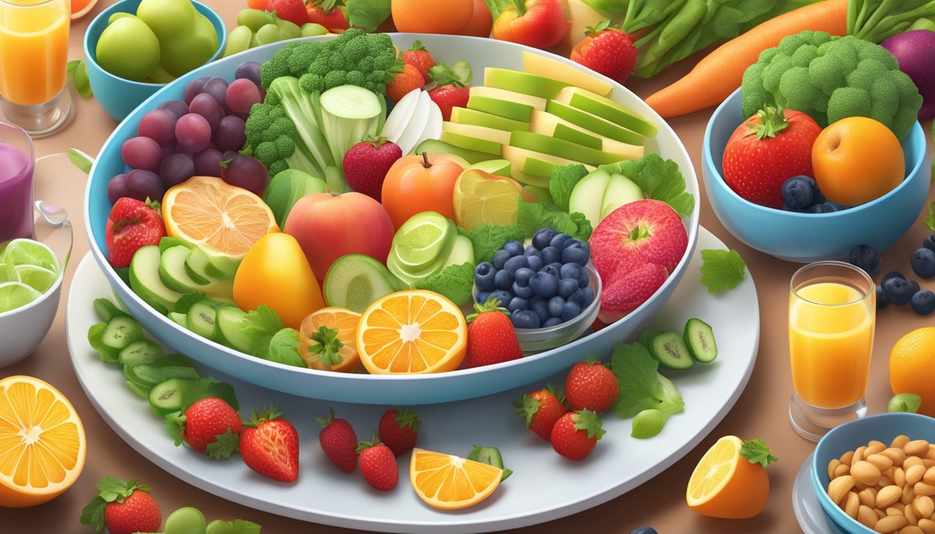 A colorful plate of balanced diabetic-friendly food surrounded by vibrant fruits and vegetables, with a bright and uplifting atmosphere