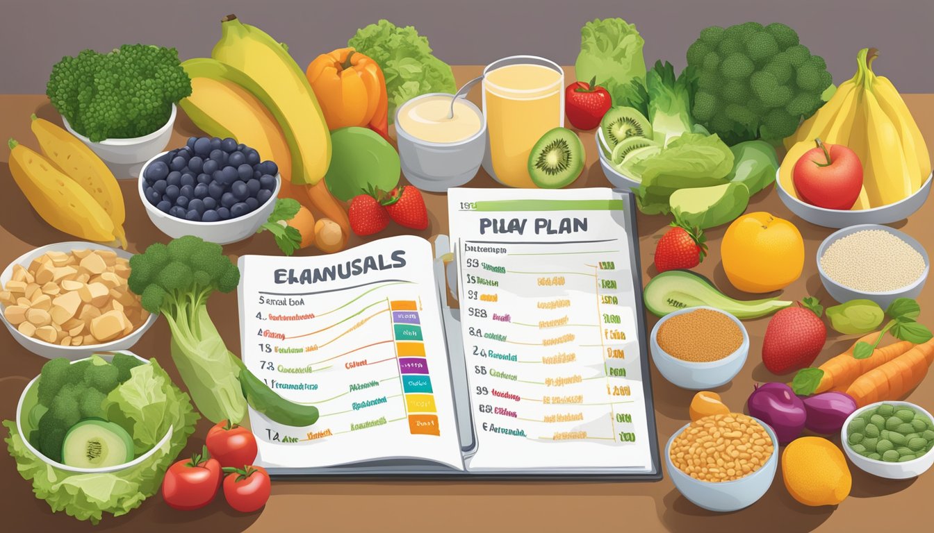 A colorful array of fresh fruits, vegetables, whole grains, and lean proteins arranged on a table, with a balanced meal plan chart in the background