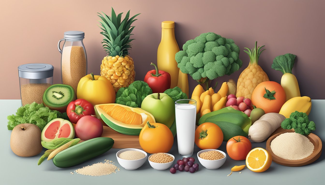 A colorful array of fresh fruits, vegetables, lean proteins, and whole grains laid out on a kitchen counter, with a measuring cup and a nutrition guide nearby