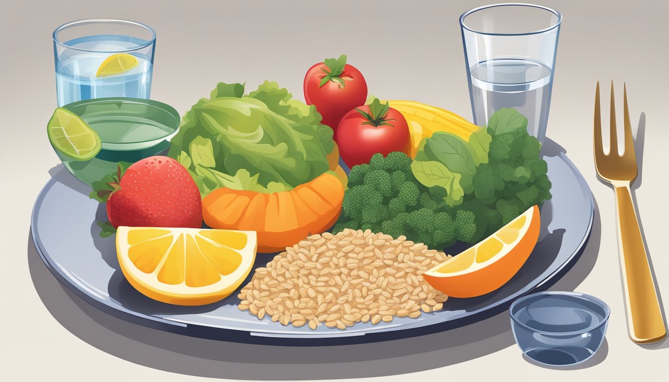 A colorful plate with balanced portions of fruits, vegetables, lean protein, and whole grains, alongside a glass of water