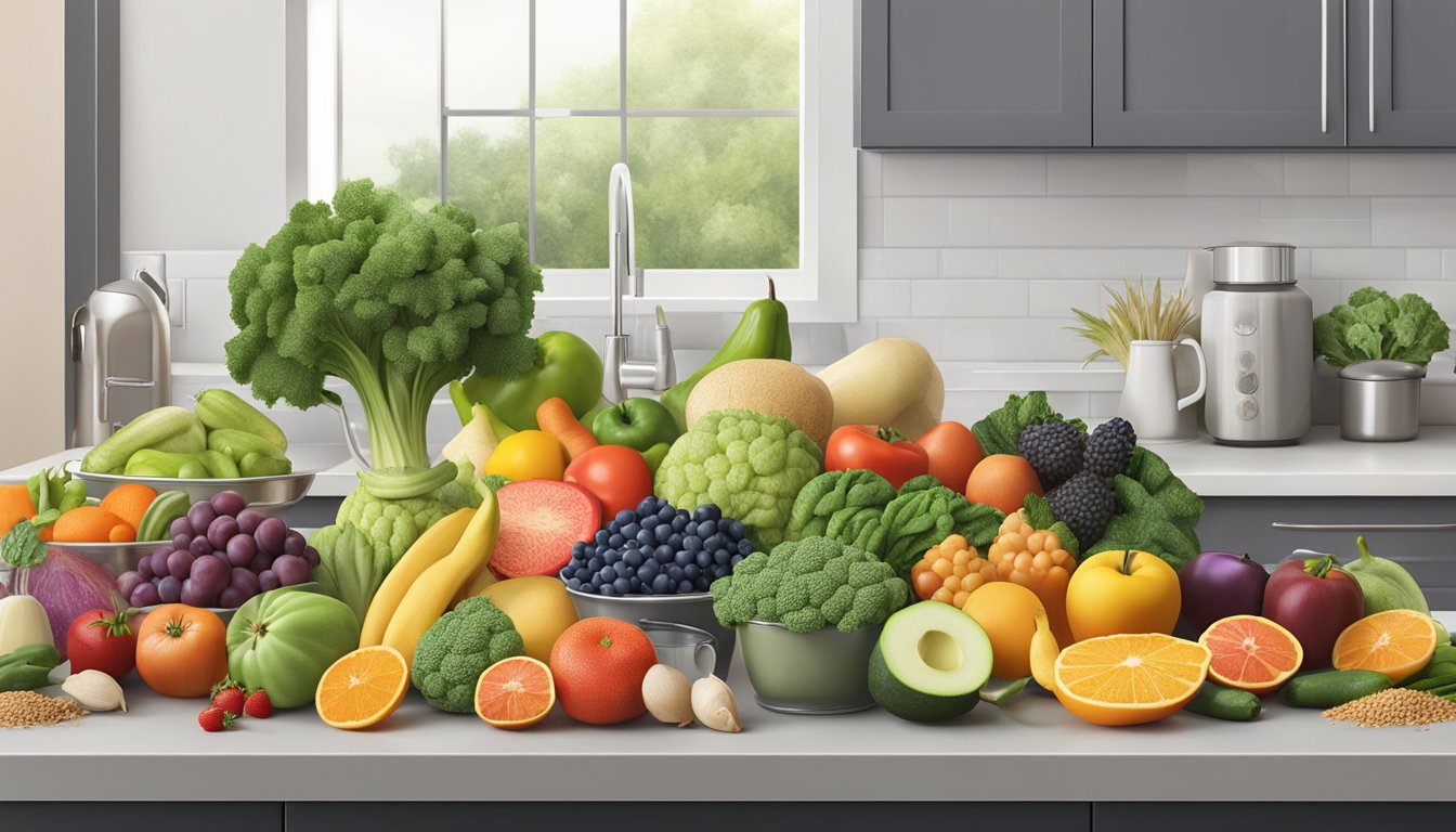 A colorful array of fresh fruits, vegetables, lean proteins, and whole grains arranged on a clean, organized kitchen counter