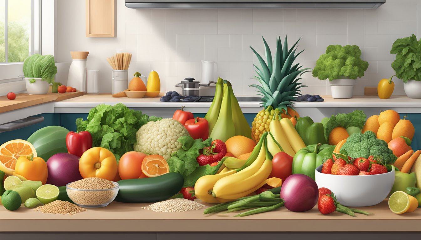 A colorful array of fresh fruits, vegetables, lean proteins, and whole grains arranged on a clean, organized kitchen counter