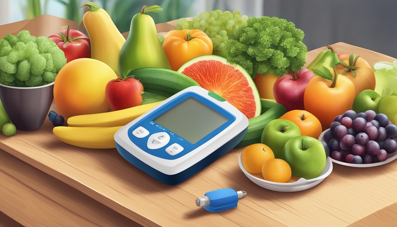 A colorful array of fresh fruits, vegetables, and whole grains arranged on a table, with a measuring tape and blood glucose monitor nearby