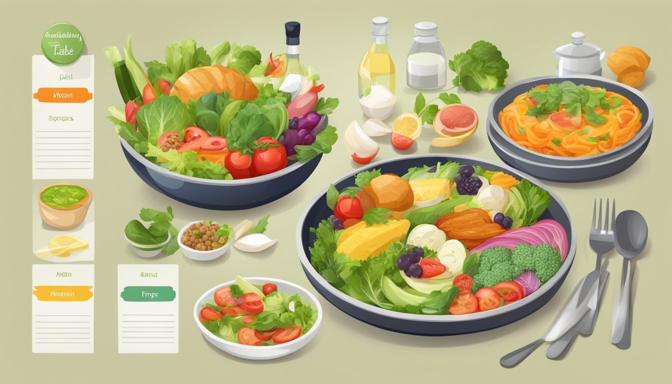 A table set with a variety of healthy, colorful dishes. A menu with nutritional information displayed. A chef preparing fresh, vibrant ingredients