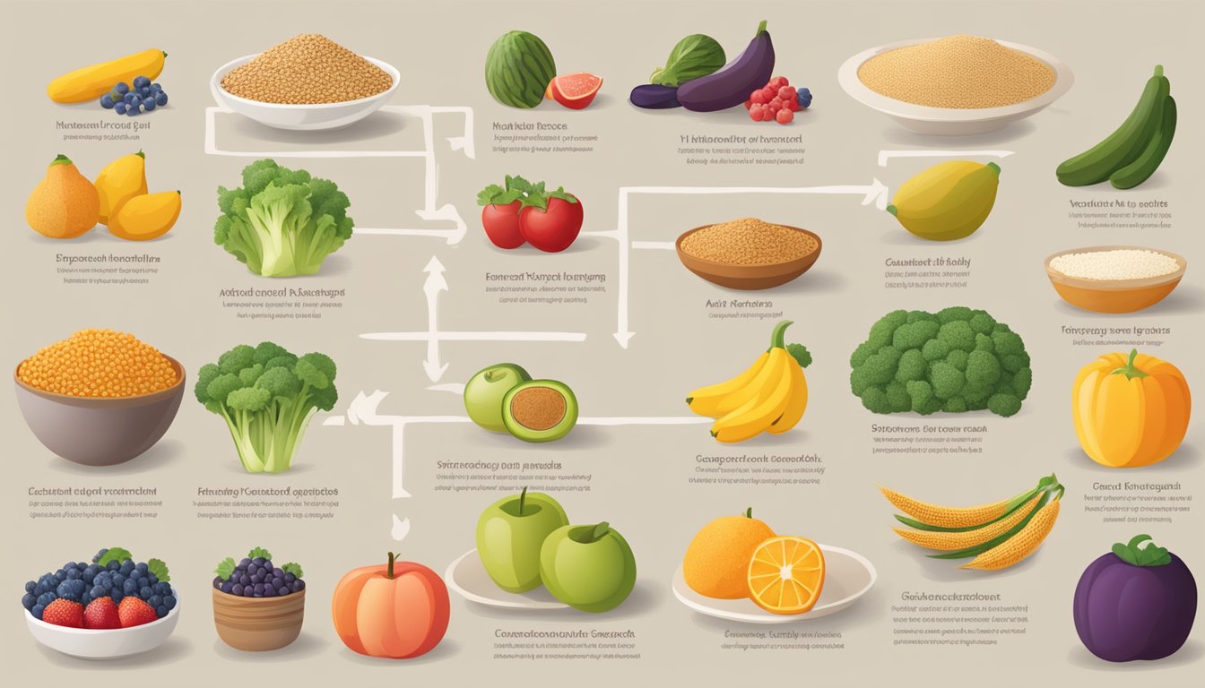 A table with colorful fruits, vegetables, and whole grains, alongside a list of processed and sugary foods crossed out