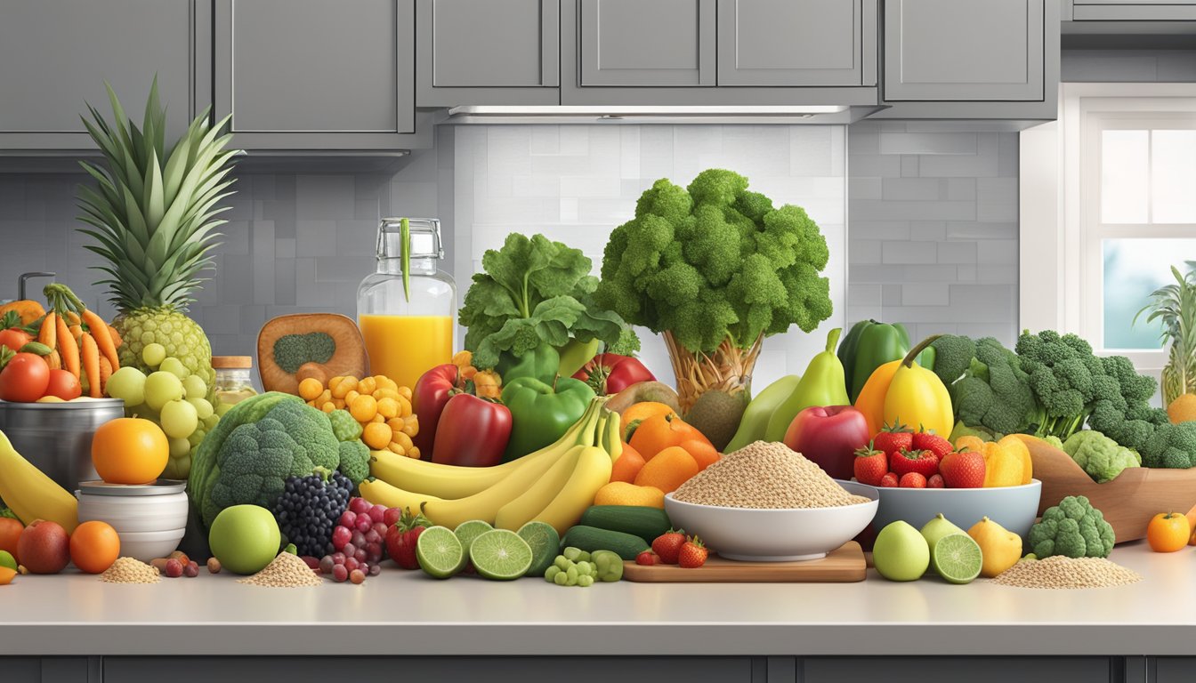 A colorful array of fresh fruits, vegetables, whole grains, and lean proteins arranged on a clean, modern kitchen counter