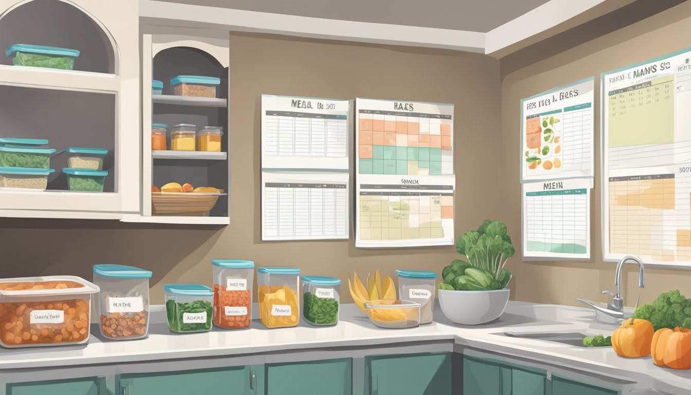 A kitchen counter with neatly organized containers of prepped meals, fresh produce, and labeled storage bags. A calendar with meal plans for diabetics hangs on the wall