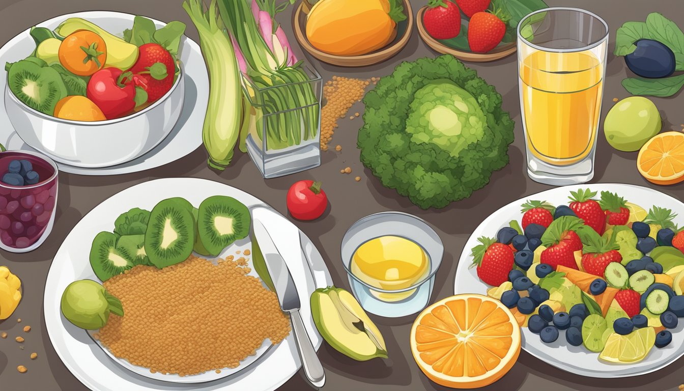 A colorful spread of fresh fruits, vegetables, and whole grains arranged on a table, with a glass of water and a plate of balanced, nutritious meal