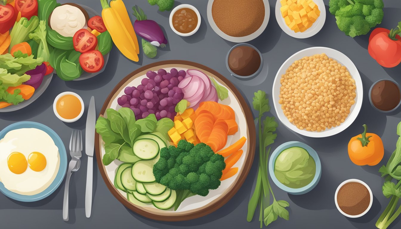 A table set with a balanced meal, including lean protein, whole grains, and colorful vegetables, with a focus on liver-supporting foods