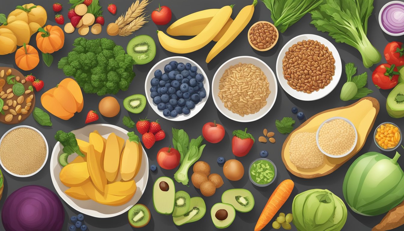 A table with a variety of healthy foods, such as fruits, vegetables, lean proteins, and whole grains, arranged in a balanced meal plan for diabetics