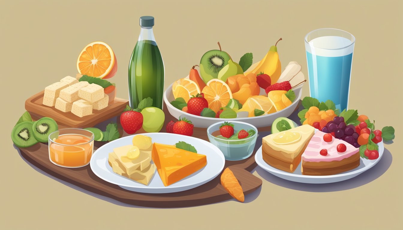 A table with a variety of foods, including sugary desserts, processed snacks, and alcohol, next to a healthy plate of fruits, vegetables, and lean proteins