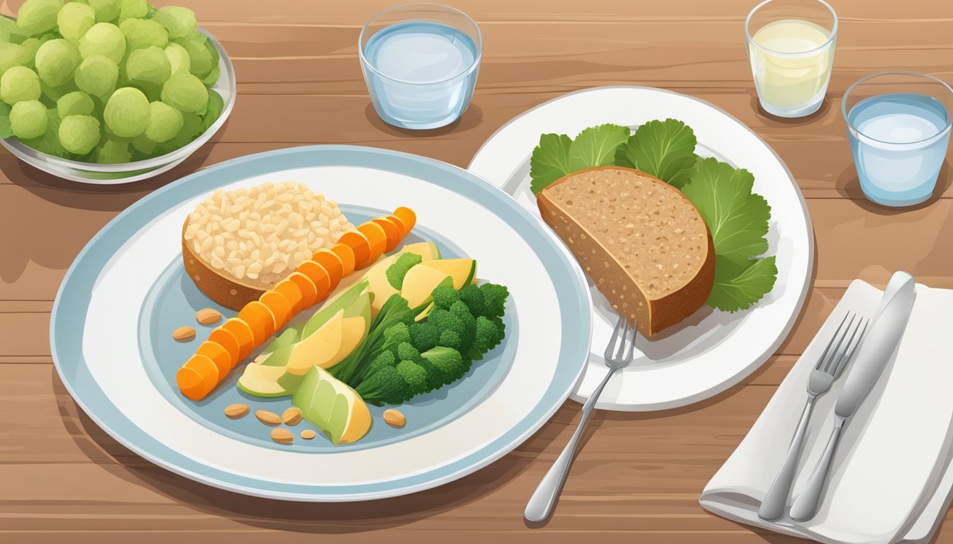 A table set with a balanced meal of lean protein, whole grains, and colorful vegetables, with a glass of water and a plate of fresh fruit for dessert