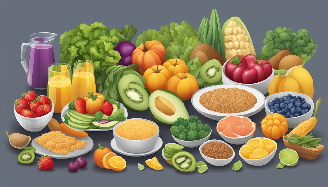 A table set with a variety of colorful and nutritious foods, including fruits, vegetables, lean proteins, and whole grains, arranged in an appealing and balanced meal plan