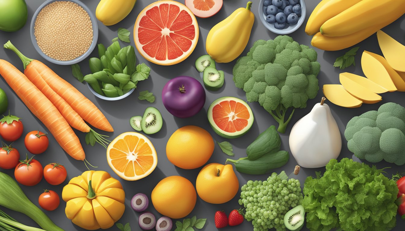 A colorful array of fresh fruits, vegetables, whole grains, and lean proteins arranged on a clean, modern kitchen counter