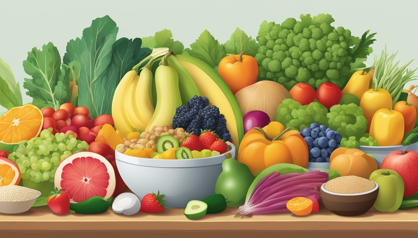 A colorful array of fruits, vegetables, whole grains, and lean proteins arranged on a table, with a focus on foods that promote reproductive health and are suitable for individuals with diabetes