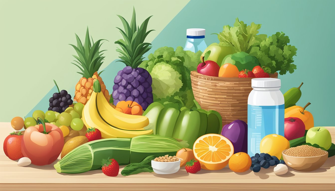 A colorful array of fresh fruits, vegetables, lean proteins, and whole grains arranged on a table, alongside a glass of water and a bottle of supplements