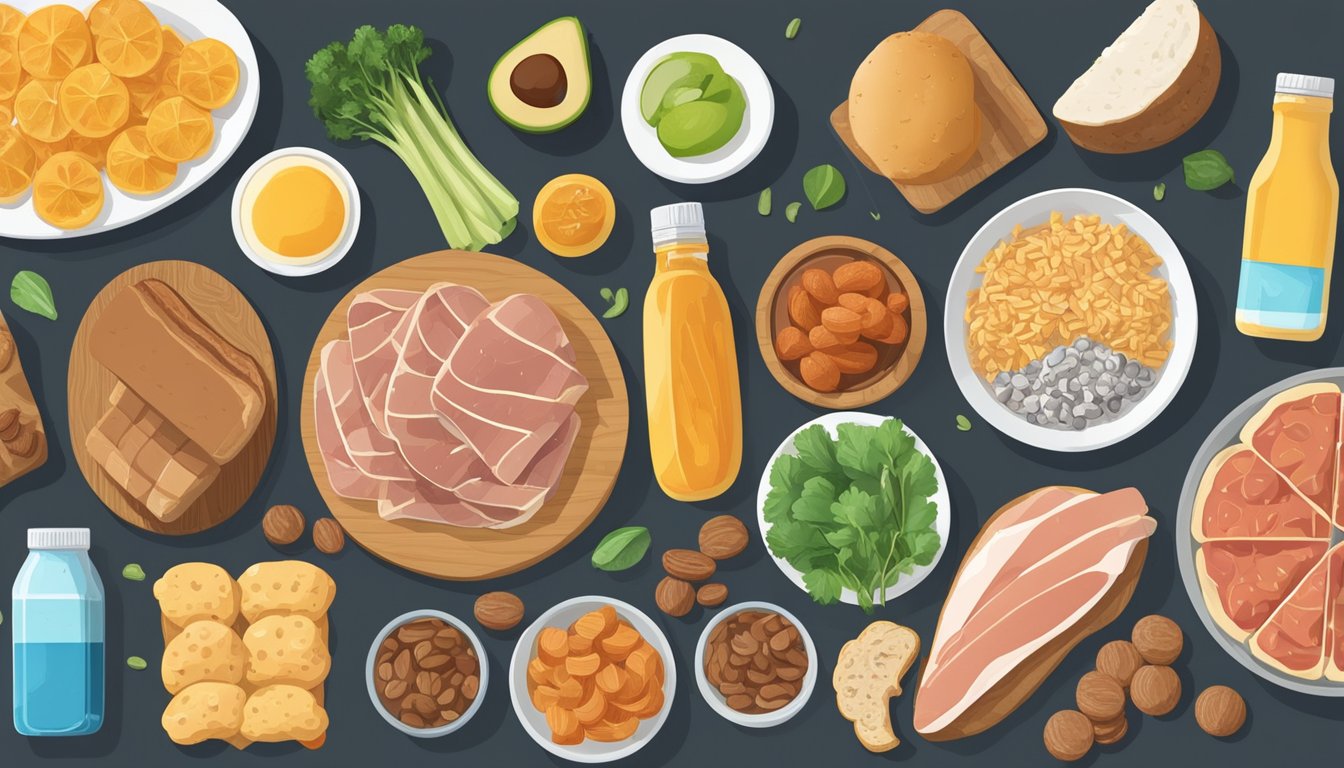 A table with a variety of foods and ingredients, including sugary snacks, processed meats, and high-carb items, alongside a list of healthier alternatives for a diabetic reproductive health meal plan