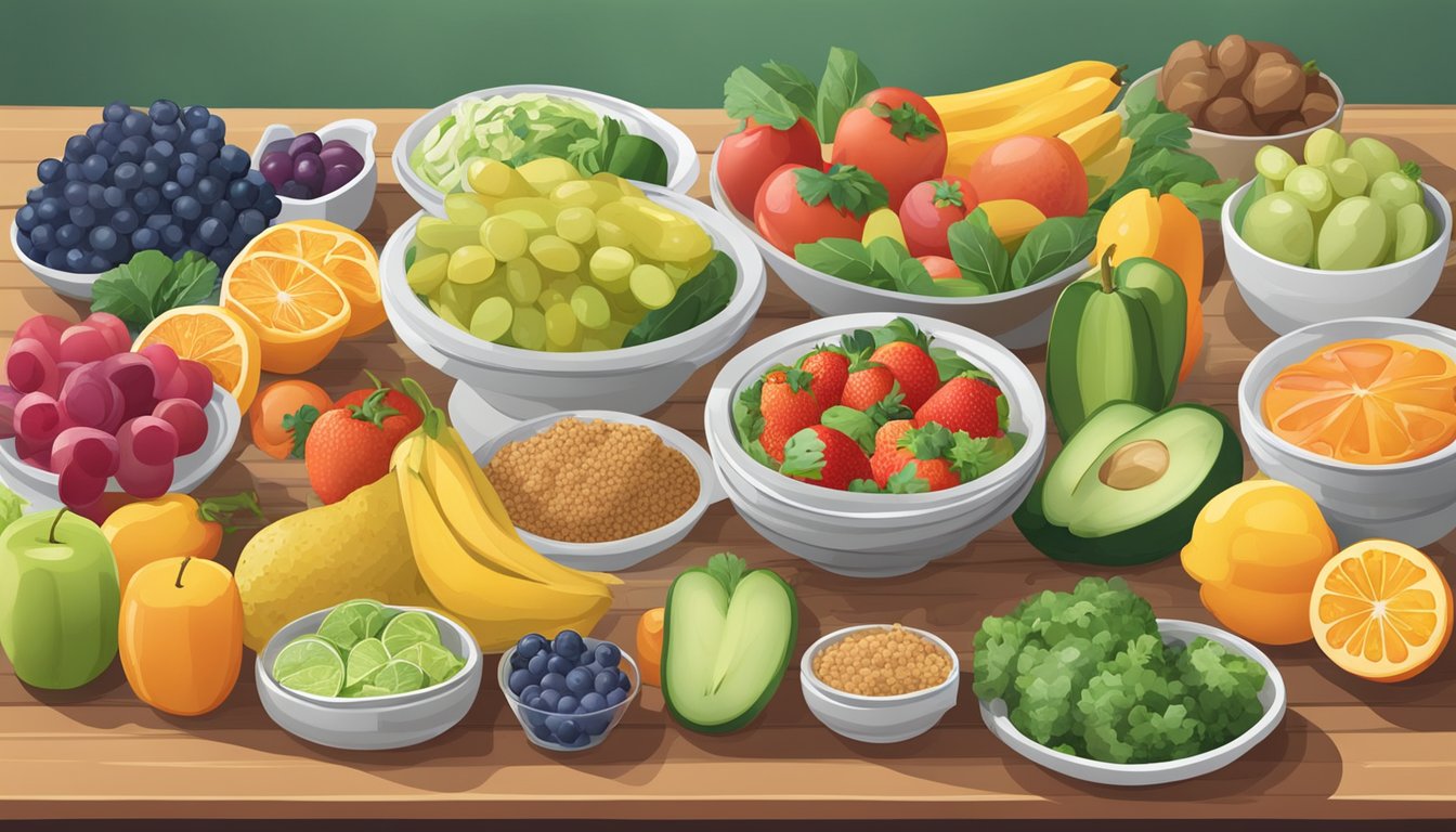 A table set with a variety of gastroparesis-friendly diabetic meal options, including colorful fruits, vegetables, lean proteins, and whole grains