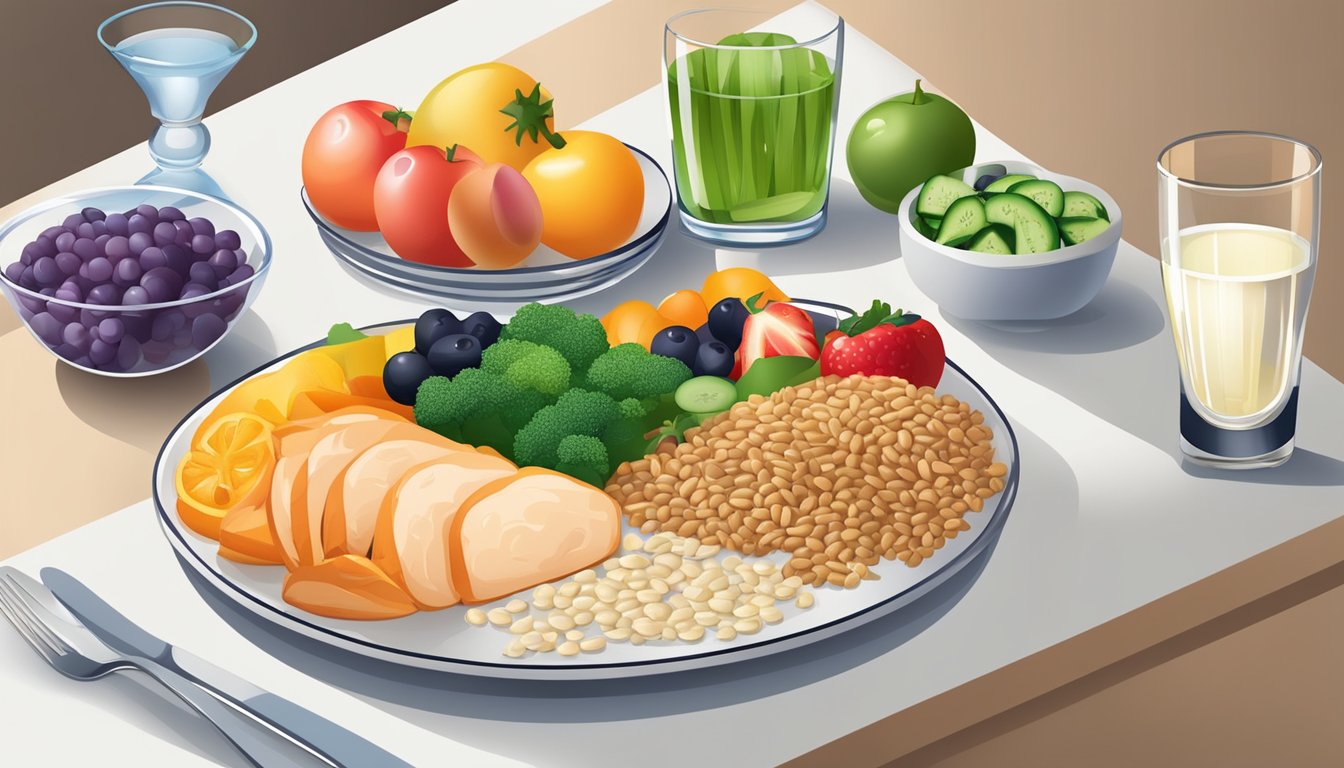 A table set with a balanced meal of lean protein, whole grains, and colorful vegetables, accompanied by a glass of water and a plate of fresh fruit