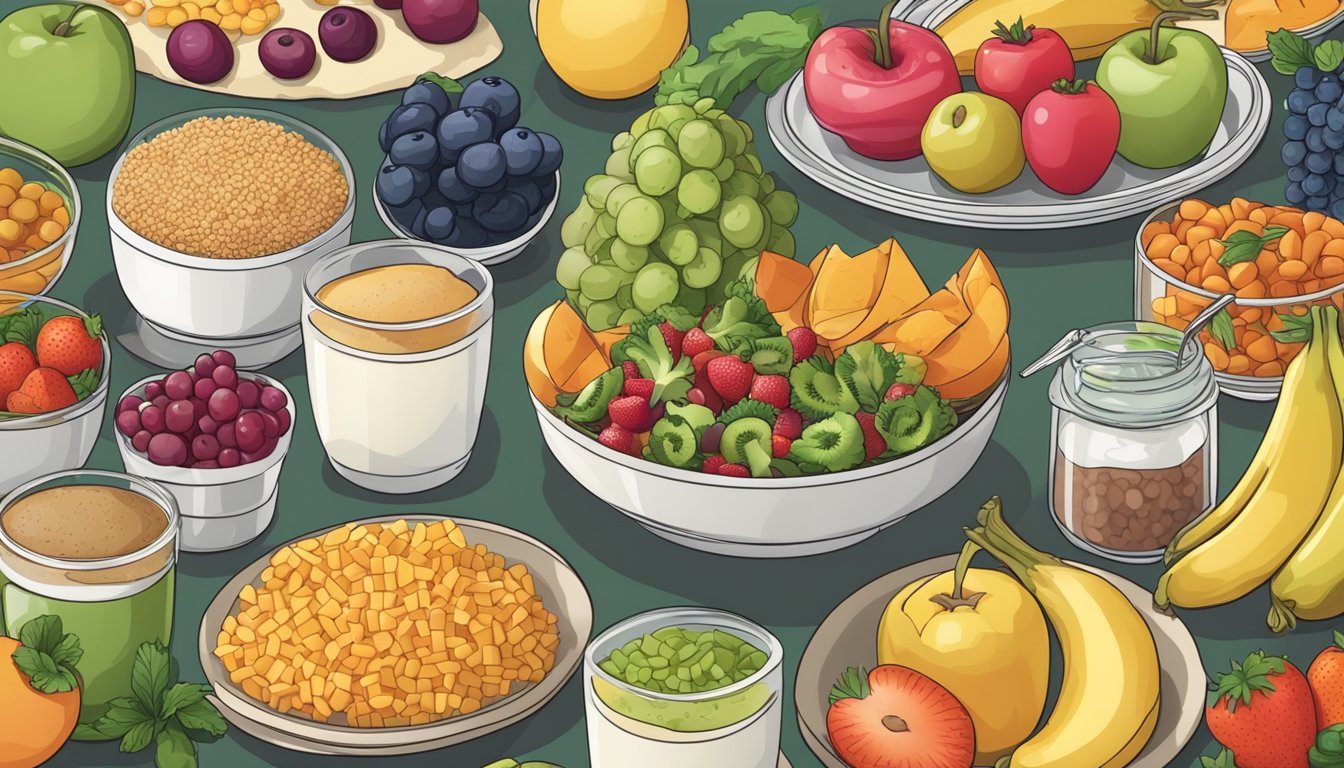 A table set with a variety of gastroparesis-friendly diabetic meal options, including colorful fruits, vegetables, lean proteins, and whole grains