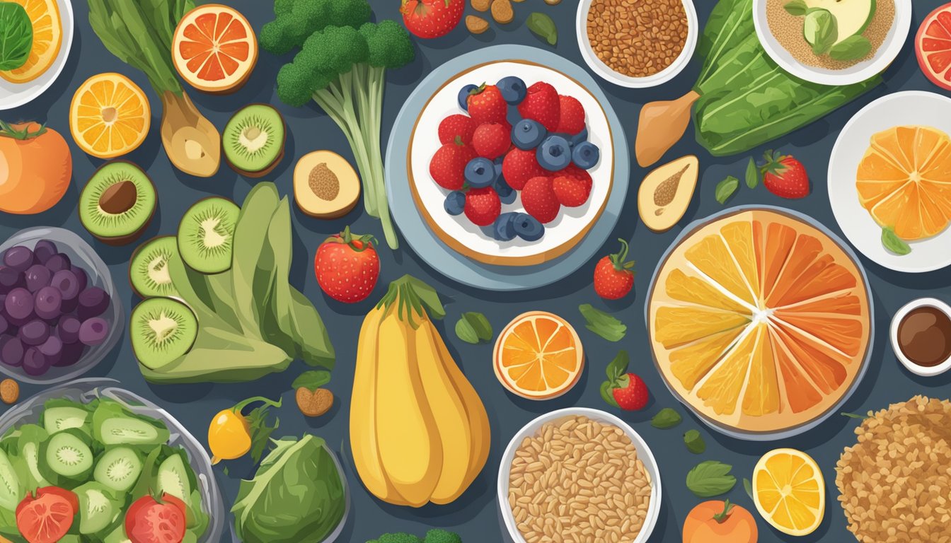 A table set with a colorful array of fruits, vegetables, and whole grains, alongside a variety of healthy recipes and meal plans for diabetics