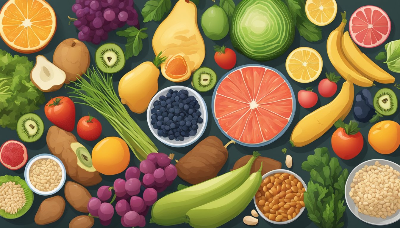 A table set with a variety of colorful and nutrient-rich foods, including fruits, vegetables, lean proteins, and whole grains, arranged in a balanced and visually appealing manner