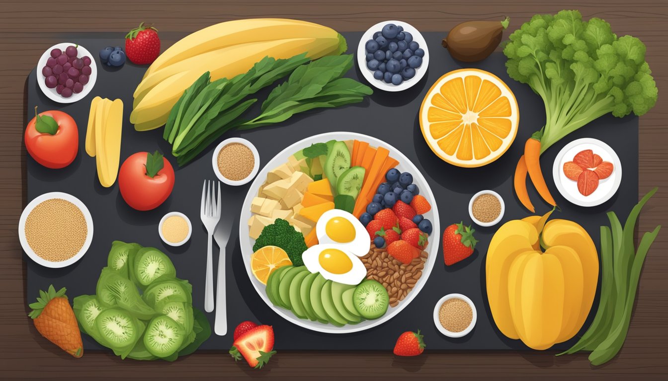 A table set with balanced meal options, including fruits, vegetables, lean proteins, and whole grains, arranged in a visually appealing manner