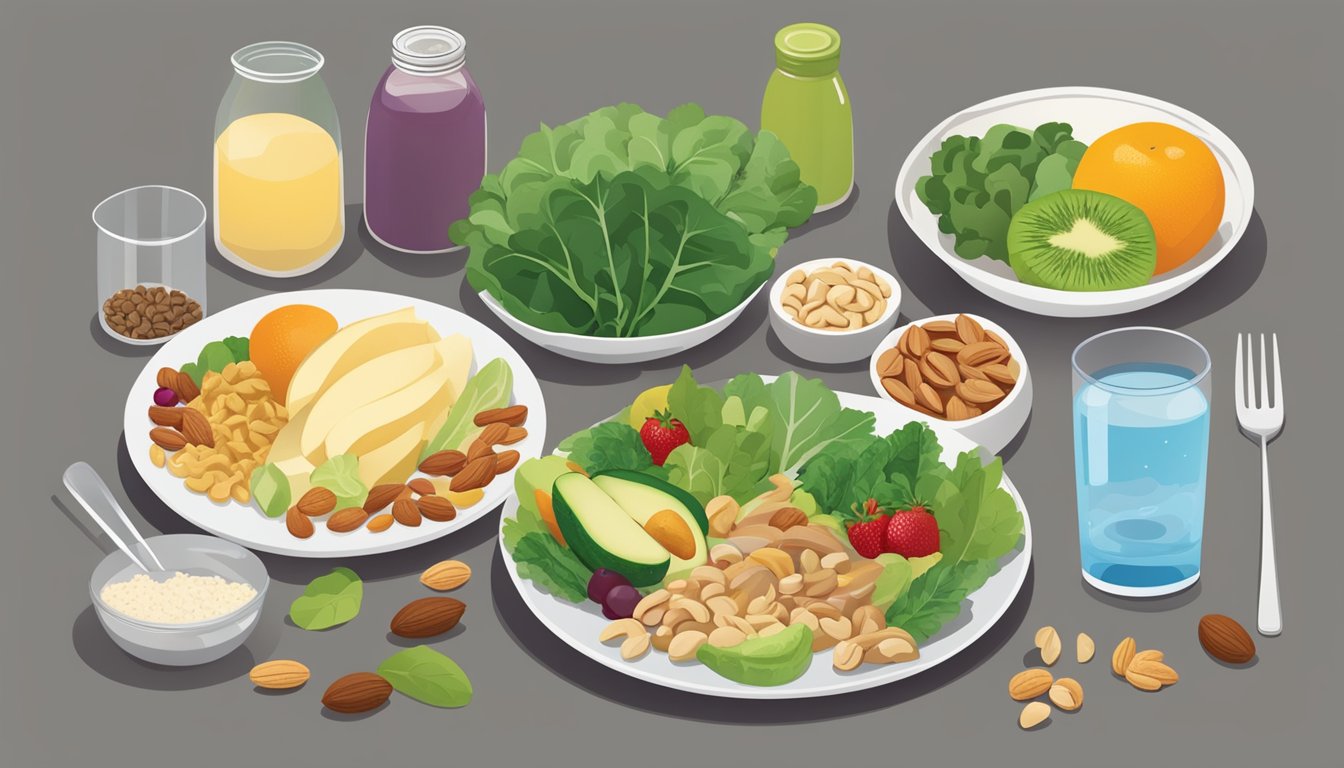 A table set with a balanced meal: leafy greens, lean protein, whole grains, and colorful fruits. A bottle of water and a plate of mixed nuts accompany the meal