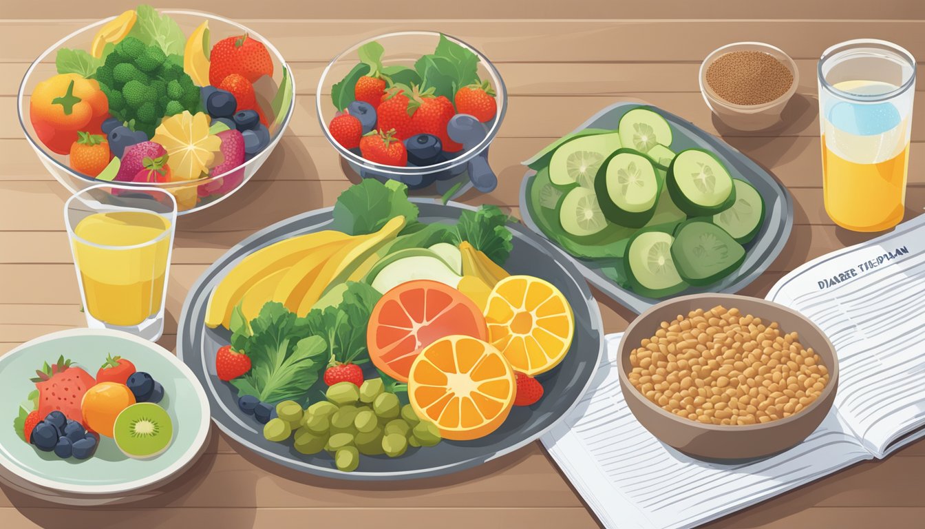 A table with a colorful array of fruits, vegetables, whole grains, and lean proteins, alongside a glass of water and a diabetes-friendly meal plan booklet