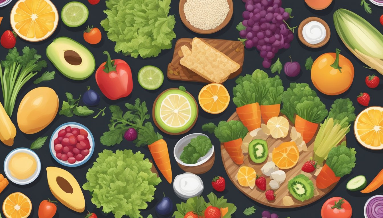 A colorful spread of fresh vegetables, fruits, lean proteins, and whole grains on a table, with sugary and processed foods being pushed to the side