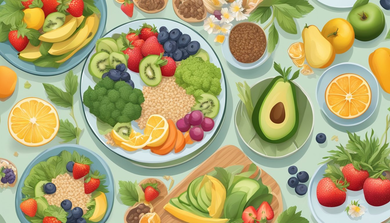 A colorful plate with balanced portions of fruits, vegetables, whole grains, and lean proteins, surrounded by calming elements like flowers and natural scenery