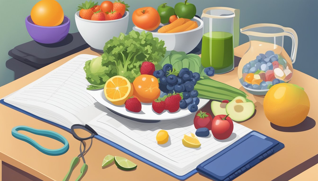 A table set with a colorful array of fruits, vegetables, lean proteins, and whole grains. A measuring cup and food scale sit nearby, along with a notebook for meal planning