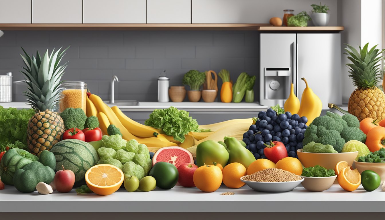 A colorful array of fresh fruits, vegetables, lean proteins, and whole grains arranged on a clean, organized kitchen counter