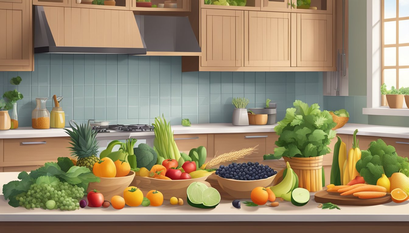 A peaceful kitchen counter with a variety of fresh fruits, vegetables, and whole grains arranged neatly on cutting boards and in baskets