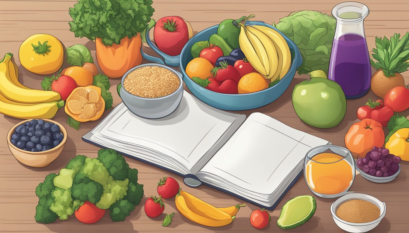 A table set with a colorful array of fresh fruits, vegetables, and whole grains, alongside a measuring cup and a cookbook open to a page on thyroid-friendly diabetic meal plans