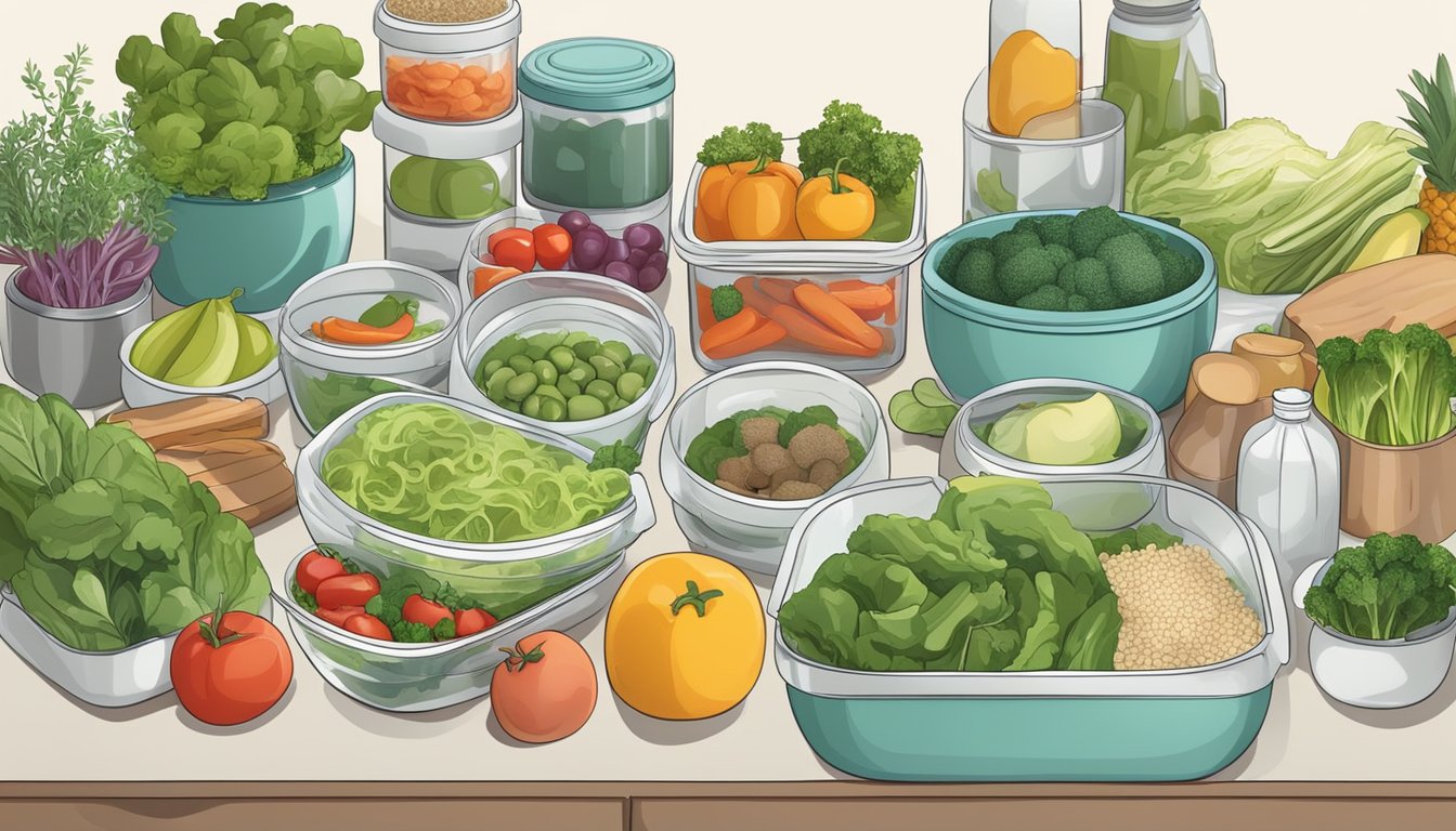 A kitchen counter with organized containers of balanced meals and fresh ingredients for diabetic meal prepping