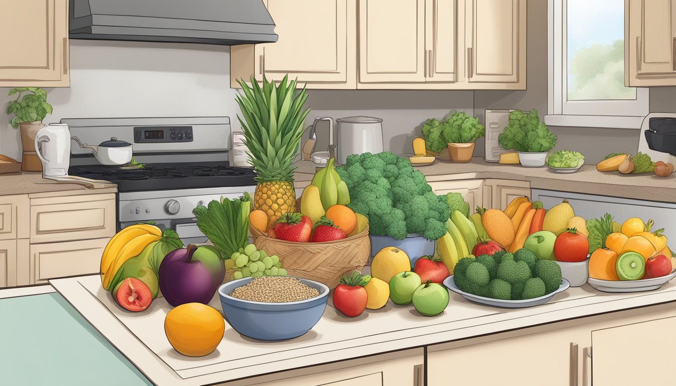 A serene kitchen counter with a variety of colorful fruits, vegetables, and whole grains, alongside a list of specific nutrients and foods to target anxiety in a diabetic meal plan