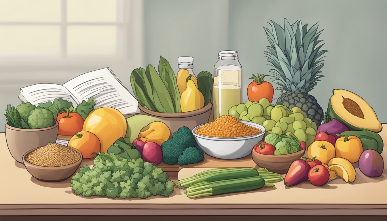 A kitchen counter with a variety of fresh fruits, vegetables, whole grains, and lean proteins arranged neatly, with a cookbook open to a page on thyroid-friendly diabetic meal plans