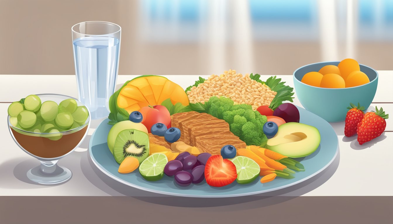 A table set with a balanced meal of lean protein, whole grains, and colorful vegetables, with a glass of water and a plate of fruit for dessert